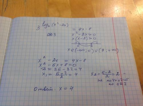 Решить уравнение 3^log_3(x^2-2x)=4x-8