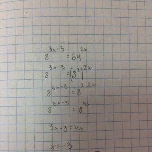 Решите уровнение 8 (сверху 3х-3)=64(сверху 2х)