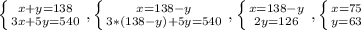 \left \{ {{x+y=138} \atop {3x+5y=540}} \right. , \left \{ {{x=138-y} \atop {3*(138-y)+5y=540}} \right. , \left \{ {{x=138-y} \atop {2y=126}} \right. , \left \{ {{x=75} \atop {y=63}} \right.