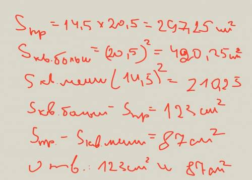 На какую величину отличается площадь прямоугольника со сторонами 14,5 см и 20,5 см от площади квадра