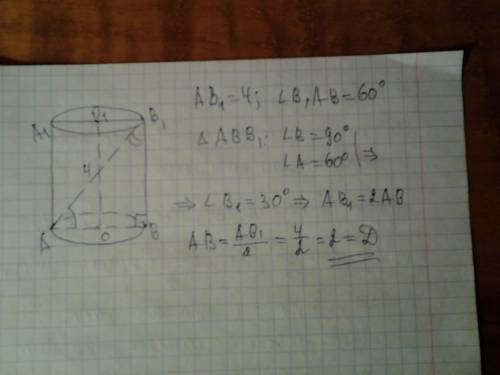 Диагональ осевого сечения цилиндра равна 4 см, с основанием цилиндра она образует угол в 60°. опреде