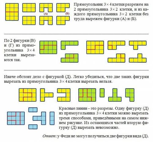 Из прямоугольника 4*3 федя вырезал две одинаковые фигуры.какого вида фигуры у него не могли получить