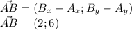 \\ \vec{AB}=\left (B_x-A_x;B_y-A_y \right )\\ \vec{AB}=(2;6)