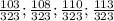 \frac{103}{323} ; \frac{108}{323}; \frac{110}{323}; \frac{113}{323}