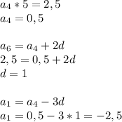 a_4*5=2,5 \\ a_4=0,5 \\ \\ a_6=a_4+2d \\ 2,5=0,5+2d \\ d=1 \\ \\ a_1=a_4-3d \\ a_1=0,5-3*1=-2,5