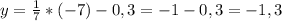 y = \frac{1}{7} *(-7) - 0,3=-1-0,3=-1,3