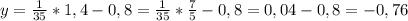 y = \frac{1}{35} *1,4 - 0,8= \frac{1}{35} * \frac{7}{5} - 0,8 =0,04-0,8=-0,76