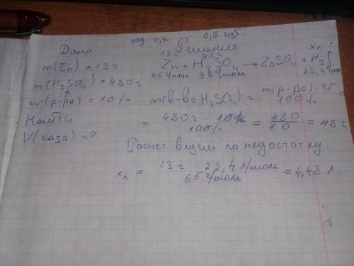 Какой объем газа выделится при взаимодействии 13 г. цинка и 480 г. 10%-ного раствора серной кислоты?