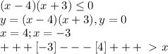 (x-4)(x+3) \leq 0\\y=(x-4)(x+3),y=0\\x=4;x=-3\\+++[-3]---[4]+++\ \textgreater \ x