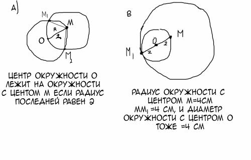 Начертите окружность с центром o и радиус 2см.отметьте на ней точку m.найдиье на окружности точки,на