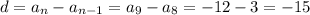 d=a_n-a_{n-1}=a_9-a_8=-12-3=-15