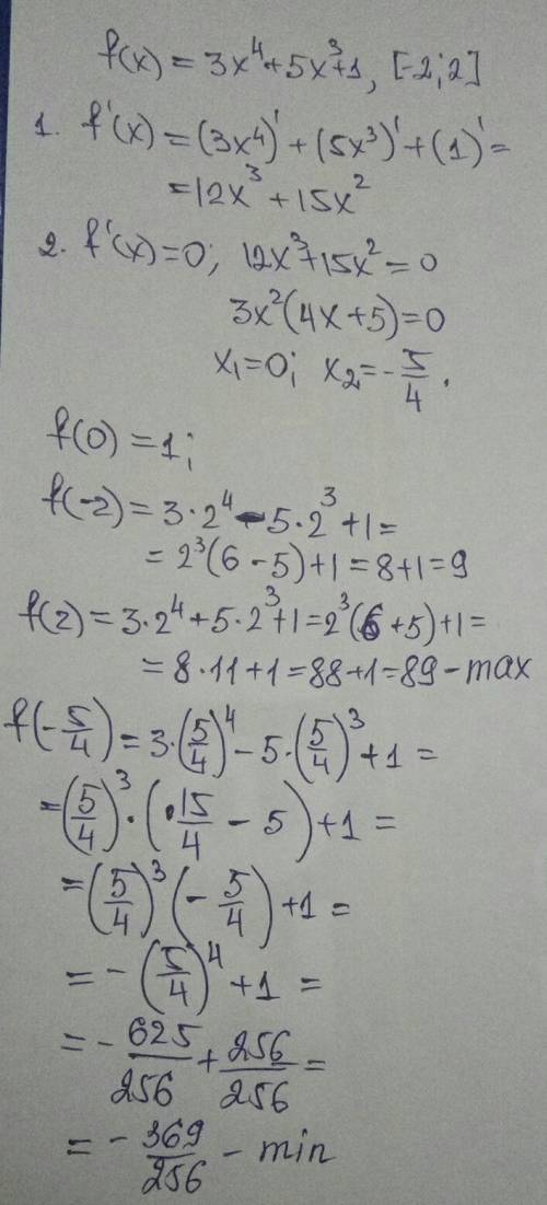 Найдите наибольшее и наименьшее значения функции y=f(x) на заданном промежутке f(x)= 3x4 +5x3 + 1, [