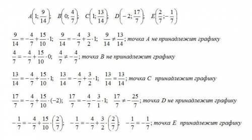 Какие из точек а (1; 9/14; ) в (0; 4/7); с (1; 13/14); d(-2; -2 3/7); е (2/7; -1/7); не принадлежат