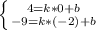 \left \{ {{4=k*0+b} \atop {-9=k*(-2)+b}} \right. &#10;&#10;