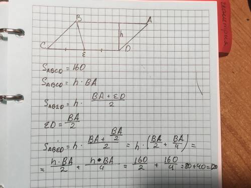 Площадь параллелограмма abcd равна 160. точка e — середина стороны cd. найдите площадь трапеции abed