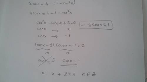 Найдите все решения уравнения 4cosx=4-sin²x, принадлежащей отрезку [-2π; 0].