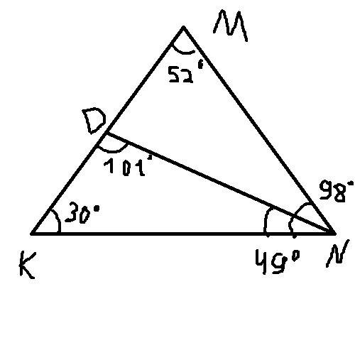 Втреугольнике mnk nd-биссектриса.найдите градусную меру ndk.угол m 52°,угол k 30°.