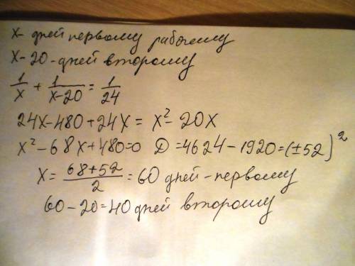 Решите , составив уравнение. двое рабочих, работая вместе, могут выполнить за 24 дня. за колько дней