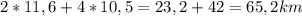 2*11,6+4*10,5=23,2+42=65,2 km