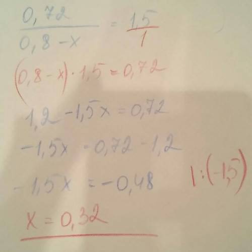 Решите уравнения: 0,72: (0,8-x)=1,5