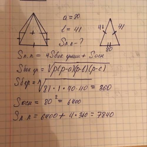 Стороны основания правильной четырехугольной пирамиды равны 80, боковые ребра равны 41. найдите площ