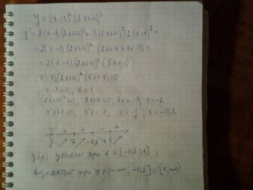 Найдите промежутки возрастания и убывания функции: y=(x-1)^2•(2x+4)^3