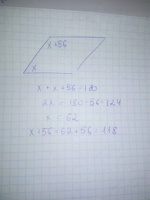Один угол параллелограмма больше другого на 56°.найдите градусную меру большего из углов параллелогр