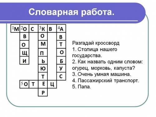 Разгадай кроссворд 1 столица россии 2 синонимы слова папа видео как называется огурец морковь капуст