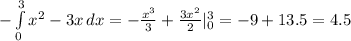 -\int\limits^3_0 {x^2 - 3x} \, dx = - \frac{x^3}{3} + \frac{3x^2}{2}|_0^3 = -9 + 13.5 = 4.5