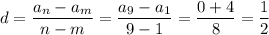 \displaystyle d= \frac{a_n-a_m}{n-m}= \frac{a_9-a_1}{9-1}= \frac{0+4}{8}= \frac{1}{2}