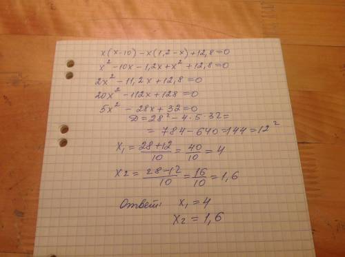 Спримером дискриминант х*(х-10)-х*(1,2-х)+12,8=0