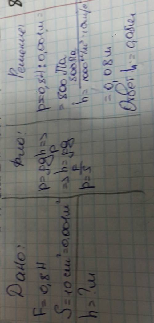 До какого уровня на лита вода в сосуд, если она давит на дно с силой в 0,8н, а площадь дна равна 10с