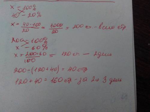 Девочка в 1 день прочитала 40страниц это 20%. во 2день она прочитала 60% всей книги. сколько страниц