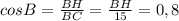 cosB=\frac{BH}{BC}=\frac{BH}{15} =0,8