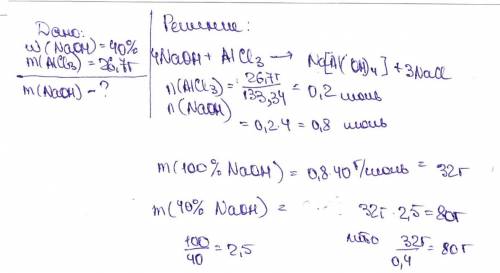 Масса 40% раствора гидроксида натрия необходимого для взаимодействия с 26.7г хлорида алюминия