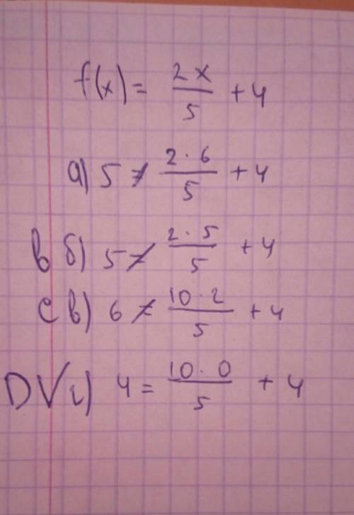 Какие точки принажлежат графику функции f(x) = 2x/5 + 4 а) (6; 5) b) (5; 5) c) (10; 6) d) (0; 4)