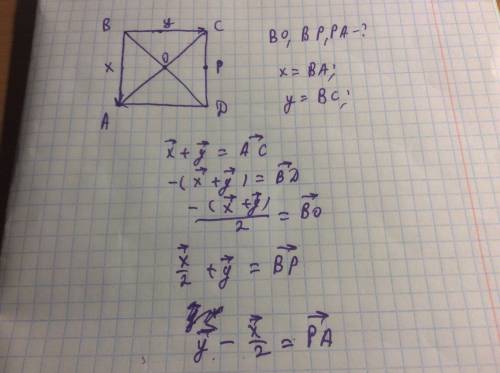 На стороне cd квадрата abcd лежит точка p так,что cp=pd,o -точка пересечения диагоналей .выразите ве