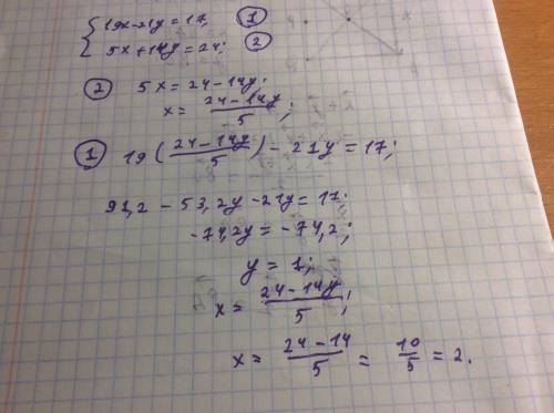 Найти решение подстановки a)19x-21y=17, 5x+14y=24;