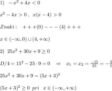 1)\; \; -x^2+4x\ \textless \ 0\\\\x^2-4x\ \textgreater \ 0\; ,\; \; x(x-4)\ \textgreater \ 0\\\\Znaki:\; \; \; +++(0)---(4)+++\\\\x\in (-\infty ,0)\cup (4,+\infty )\\\\2)\; \; 25x^2+30x+9 \geq 0\\\\D/4=15^2-25\cdot 9=0\; \; \; \Rightarrow \; \; \; x_1=x_2= \frac{-15}{25} =-\frac{3}{5}\\\\25x^2+30x+9=(5x+3)^2\\\\(5x+3)^2 \geq 0\; \; pri\; \; \; x\in (-\infty ,+\infty )