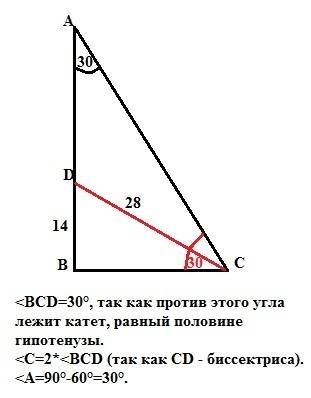 Втреугольнике abc угол b=90 градусов , cd-биссектриса, cd=28 см, bd=14 см. найдите угол а