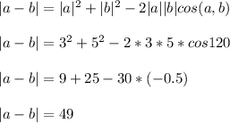 |a-b|=|a|^2+|b|^2-2|a||b|cos(a,b) \\ \\ |a-b|=3^2+5^2-2*3*5*cos120 \\ \\ |a-b|=9+25-30*(-0.5) \\ \\ |a-b|=49