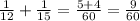 \frac{1}{12}+ \frac{1}{15}= \frac{5+4}{60}= \frac{9}{60}