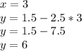 x=3 \\&#10;y=1.5-2.5*3 \\&#10;y=1.5-7.5 \\&#10;y=6