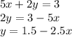 5x+2y=3 \\&#10;2y=3-5x \\&#10;y=1.5-2.5x \\