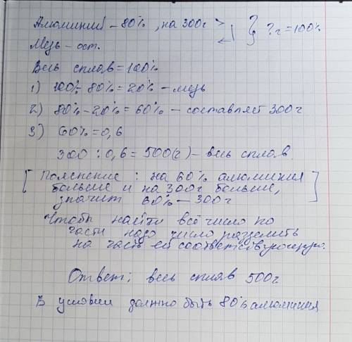 Решите ! алюминий состав 8% сплава, остальное - медь. алюминия в сплаве на 300 г больше меди. какова