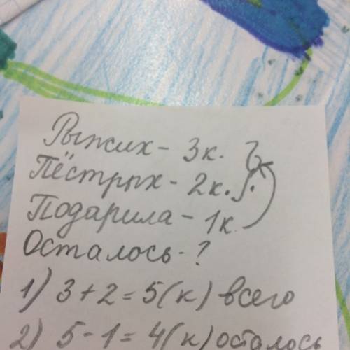 Уолиной кошки родились 3 рыжих котенка и 2 пестрых.оля подарила 1 котят осталось? полностью записать