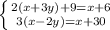 \left \{ {{2(x+3y)+9=x+6} \atop {3(x-2y)=x+30}} \right.