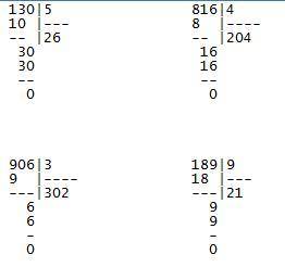 Решить выполни деление в столбик 130/5, 816/4, 906/3, 189/9