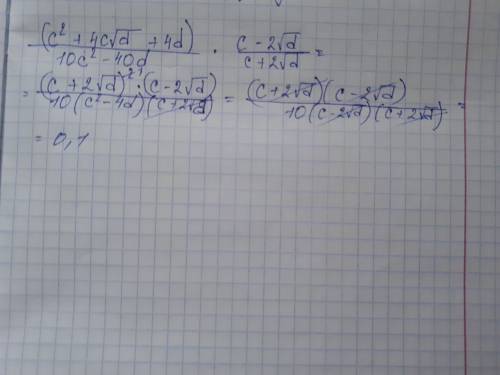 Выражение (c^2+4c√d +4d)/(10c^2-40d) * (c-2√d)/c+2√d)