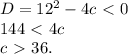D=12^2-4c\ \textless \ 0\\144\ \textless \ 4c\\c\ \textgreater \ 36.